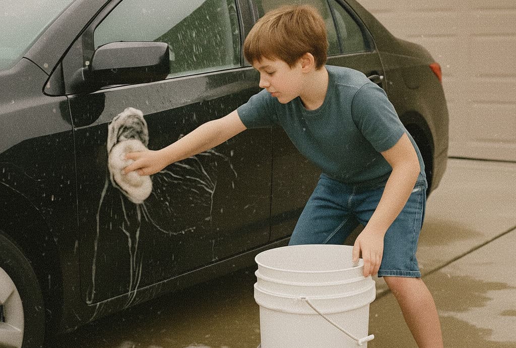 Un garçon utilise une chaudière en plastique blanche et durable pour laver une voiture, illustrant un usage domestique pratique.