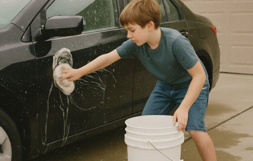 Un garçon utilise une chaudière en plastique blanche et durable pour laver une voiture, illustrant un usage domestique pratique.