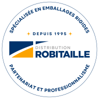 Distribution Robitaille logo in blue, yellow, and gray, with certification for rigid packaging.